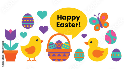 Happy easter holiday banner with cute chicks and colorful eggs.