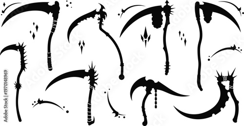 Spooky scythe silhouettes collection with horror weapon shapes dark fantasy elements and halloween illustration set
