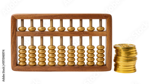 Photos Antique wooden abacus with ten golden coins stacked beside it