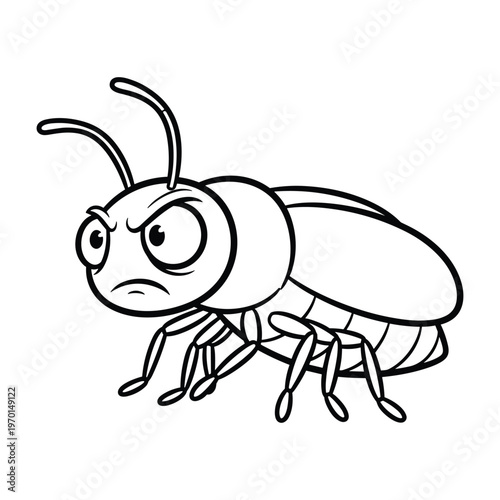 A grumpy cartoon beetle with an angry face expression line art for coloring book.