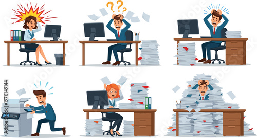 Stressful Office Work Scene Set with Overwhelmed Workers, Piles of Paper, and Frustration Expressions for Business, Office Stress, and Workload Designs