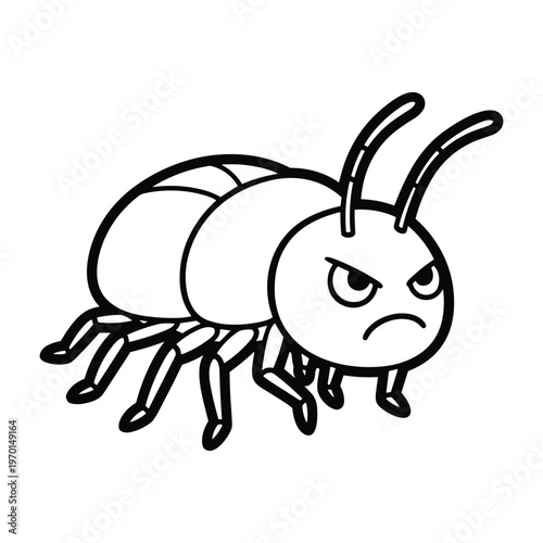 A minimalist black and white line drawing of a grumpy cartoon beetle with an angry expression