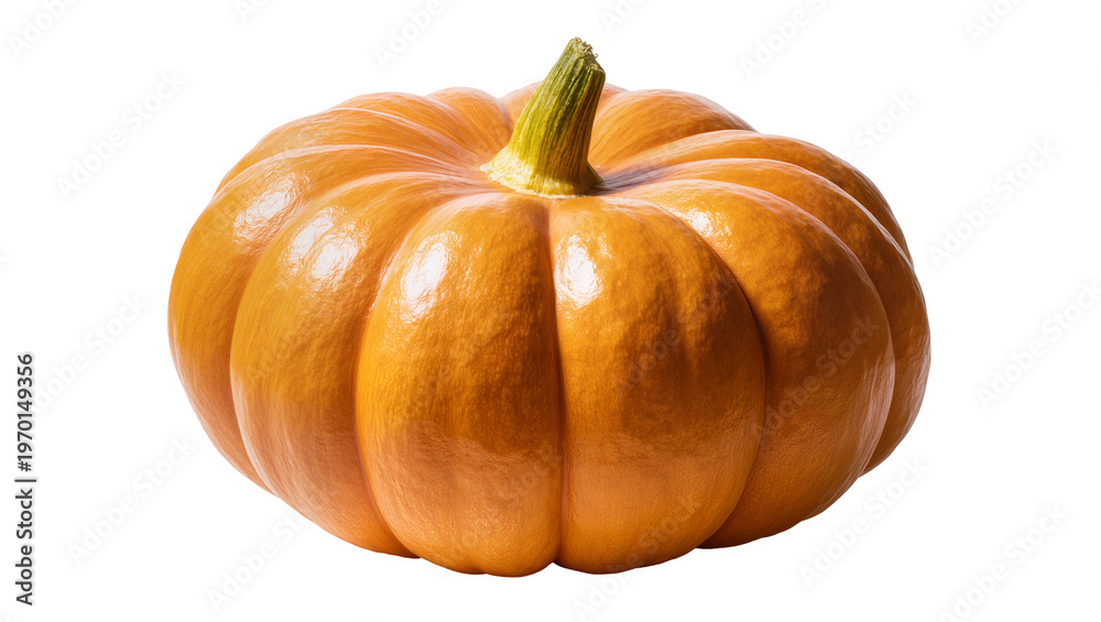 Fototapeta premium Large orange pumpkin with green stem, showcasing ribbed texture and autumnal harvest