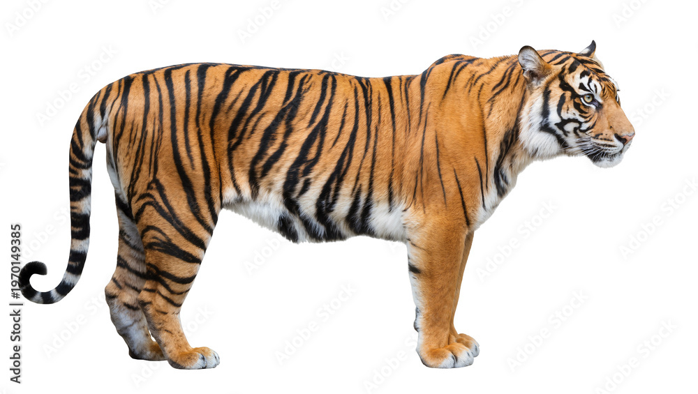 Obraz premium Powerful orange tiger standing, displaying striped fur and a long curled tail