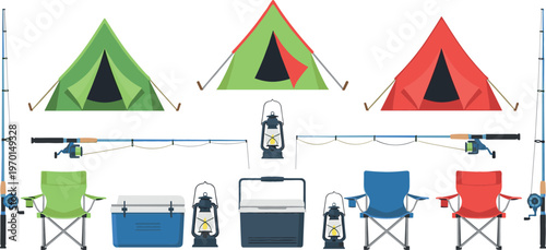 Camping and Fishing Equipment Vector Set Featuring Tents, Fishing Rods, Coolers, Lanterns, and Chairs for Outdoor Activities and Adventures