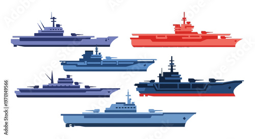 Collection of Naval Warship Vectors, Set of Modern Aircraft Carriers and Destroyer Illustrations for Game Design and Military Projects.