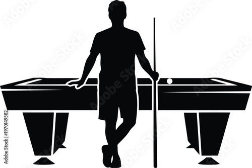 Black silhouette of a male pool player standing by a billiard table with a cue