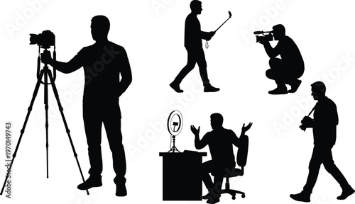 Black Silhouettes of Professional Videographers and Content Creators Using Cameras Tripods Ring Lights and Selfie Sticks for Vlogging Photography and Video Production Work