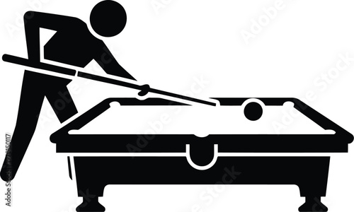 Black and white icon of a person playing billiards or pool at a table with a cue stick.