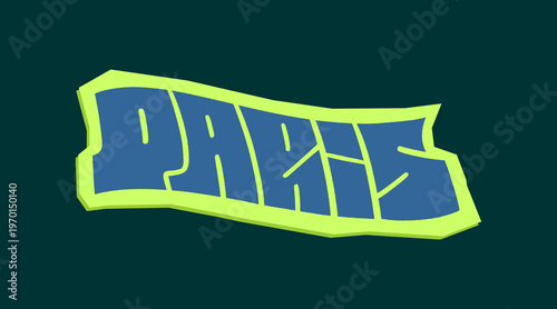 Paris City Name Written in Bold Graffiti Tag Sticker Style with Vibrant Blue and Green Block Lettering for Urban Streetwear and Souvenir Design