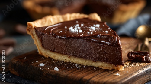 A rich chocolate custard pie sliced neatly on a wooden farmhouse table