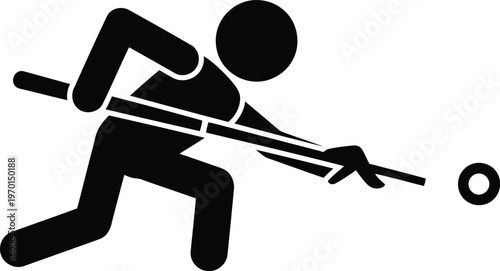 Black and white stick figure icon of a person playing billiards or pool with a cue stick