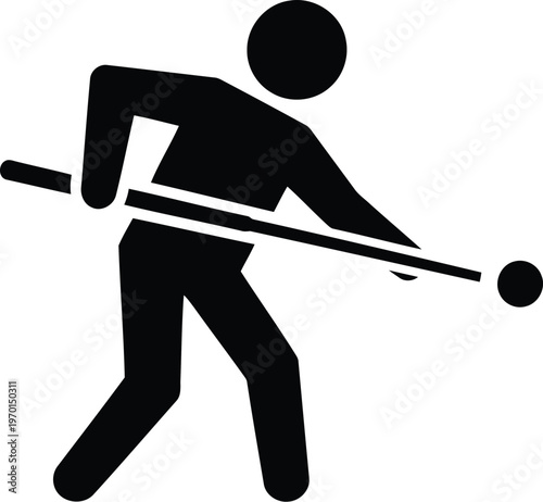 A black and white stick figure icon of a person playing a game of billiards or pool.