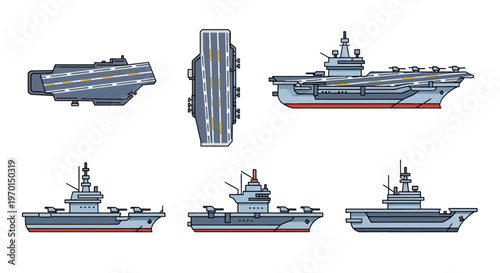 Aircraft Carrier Vector Illustration Set: Modern Military Naval Warship Icons for Defense Infographics