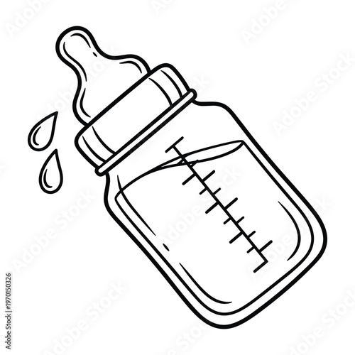 Simple black and white line drawing of a baby bottle with measurements and milk drops