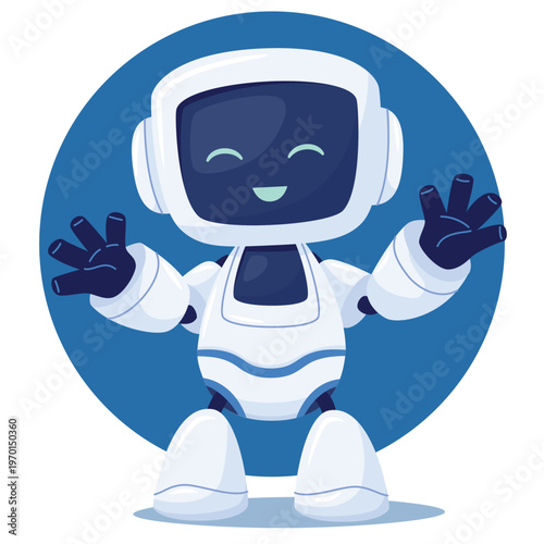 A cute cartoon android character with a screen for a face. The robot is happy and waving its arms