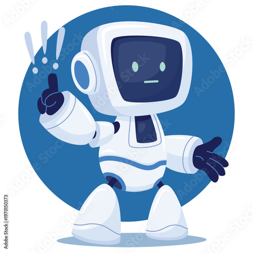 cute android character with screen for a face. The robot makes an important remark, draws attention