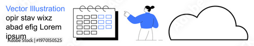 Cloud storage, digital planning, scheduling, data organization, workflow optimization, conceptual design. A digital calendar, a person in a blue sweater pointing and a cloud icon. Cloud storage