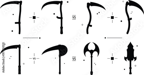 Scythe and fantasy weapon comparison set with silhouettes blade variations medieval tools and dark gothic illustration collection