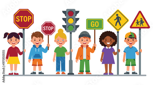 Diverse children holding various road safety signs and traffic light.