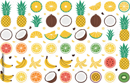 Assorted fresh citrus fruits and tropical produce vector set