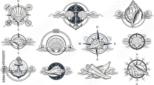 Vintage nautical emblem set with compass anchor ship wheel and seashell, engraved marine badges collection isolated on white background