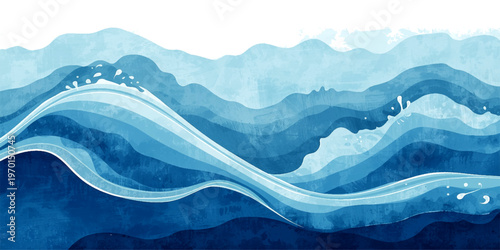 Abstract blue waves flow over a misty mountain landscape where the sea meets the sky at sunset in a vector nature illustration