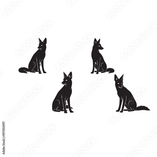  Title 1: Jackal Sitting Silhouette Set Black and White Vector Illustration Title 2: Jackal Resting Silhouette Collection Minimal Wildlife Vector Title 3: Jackal Sitting Pose Silhouette Pack