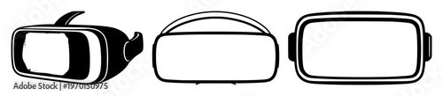 Solid black icon, white background: virtual reality (VR) headset set with simple line art design featuring line art, illustrations, graphic resources with vector and design elements