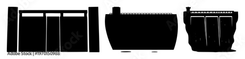 Solid black icon, white background: hydroelectric power dam set with simple line art design featuring line art, illustrations, graphic resources with vector and design elements