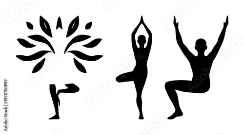 Solid black icon, white background: yoga tree pose silhouette set with simple line art design featuring sketches, drawings, vector graphics with minimalist and simple illustrations