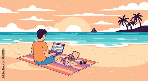 Man working on laptop while sitting on colorful beach mat with bag and sunglasses nearby at sunset by ocean with palm trees.