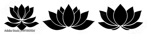 Lotus flower icon set with solid black outline on white background featuring mindfulness, meditation, minimal line art with simplicity and clarity