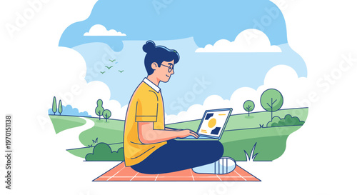 A man in casual outdoor clothing sits cross-legged on a blanket with a laptop in a serene natural setting with green hills and blue sky.