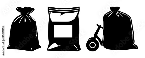 Thermal insulation delivery bag set with flat black silhouette design featuring insulated goods, shipping, packaging with scalable vector and icon graphic