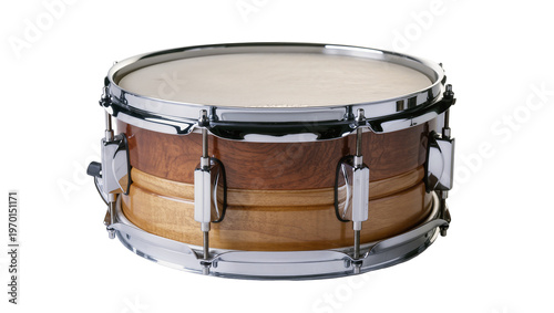 Photos Wooden snare drum with chrome hardware, displaying natural grain patterns