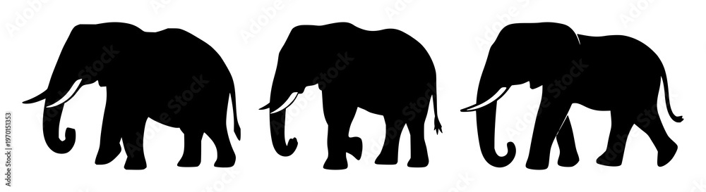 Fototapeta premium Elephant icon set with black silhouette on white backdrop featuring wildlife conservation, endangered species, iconography with high contrast and minimalist design
