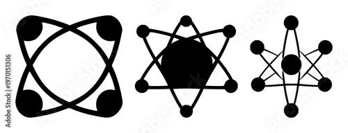 Quantum computing qubit atom set with solid black icon on white background featuring qubit, atom, quantum mechanics with iconography and vector graphics