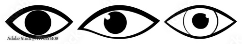 Eye icon set with solid black graphic on white background featuring eye, computer, vision, scanning with technology and design