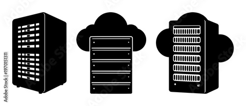 AI server rack icon set with solid black design and white background featuring cloud computing, server rack, AI, technology with graphics and illustration