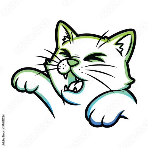 Cartoon illustration of a cat head with paws showing a digital glitch effect on white background.