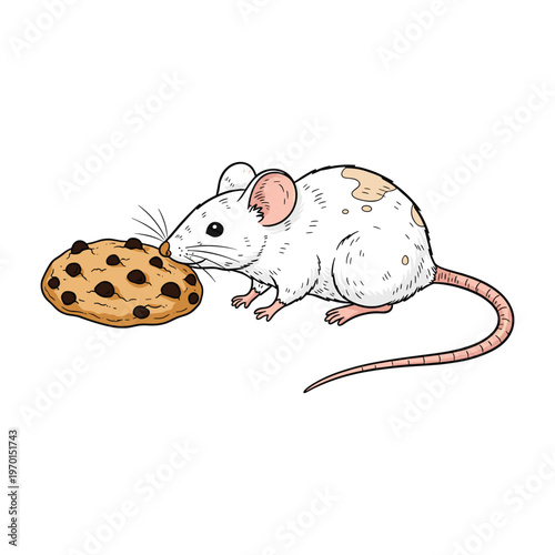 A cute white mouse sniffing a chocolate chip cookie on a white background illustration.