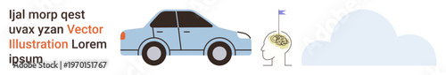 Transportation, knowledge sharing, education, cloud technology, human brain, and innovation. A car, human brain with a flag text elements and a cloud. Transportation and knowledge sharing concept