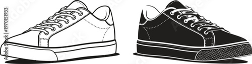 Contrast sketch of classic low-top casual sneakers in white and black Vector