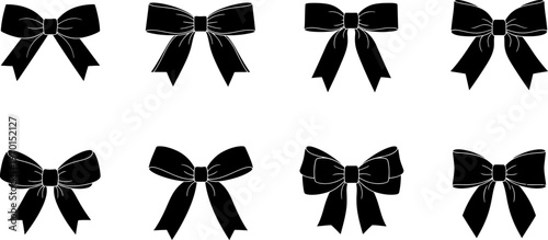 Eight stylish black bows with different elegant designs and variations in tying techniques Vector