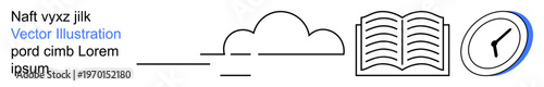 Digital apps, education, time tracking, cloud services, learning tools, productivity software. Minimal line-art icons of a cloud, open book and clock. Cloud storage and education visualization