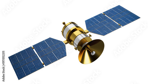 Golden satellite with extended blue solar panels, transmitting signals into space
