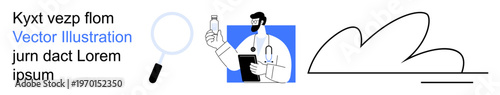 Healthcare, scientific research, diagnostics, innovation, medical examination, visual exploration. Doctor holding a bottle, magnifying glass and abstract visual design. Healthcare and scientific