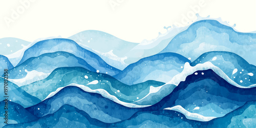 Abstract blue ice background design with stylized nature waves and snow patterns featuring a winter landscape of cold mountain peaks under a summer sky illustration