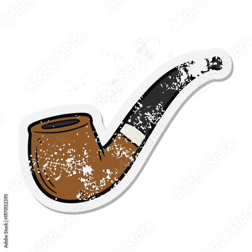 Distressed sticker of a classic brown tobacco pipe with a black stem on a white background.